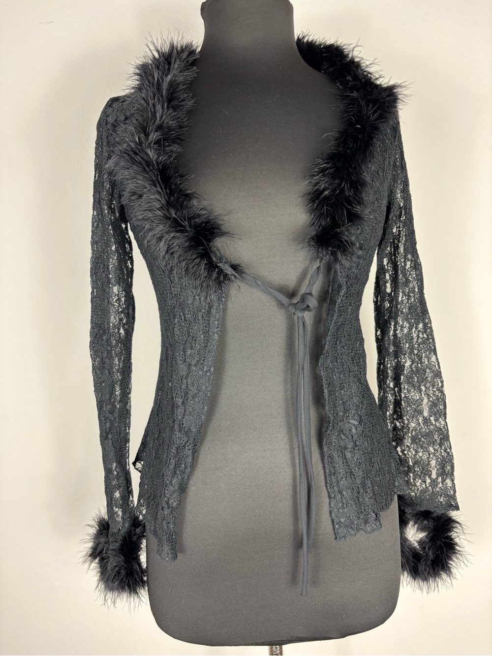 Vintage Meow Black Lace Faux Fur Trim Tie Front Gothic Fairy Top Womens S/M